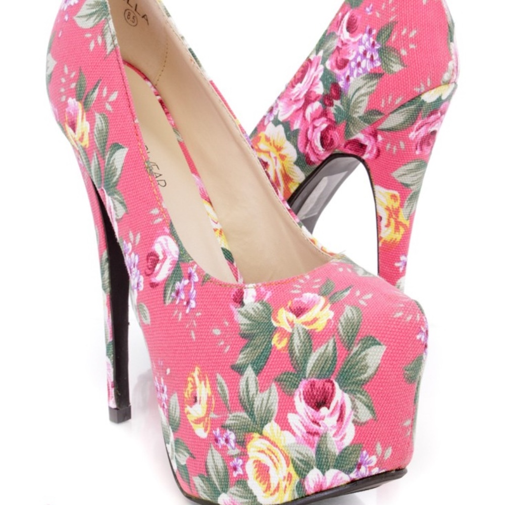 Pink Floral Platform Pump High Heels Canvas 9